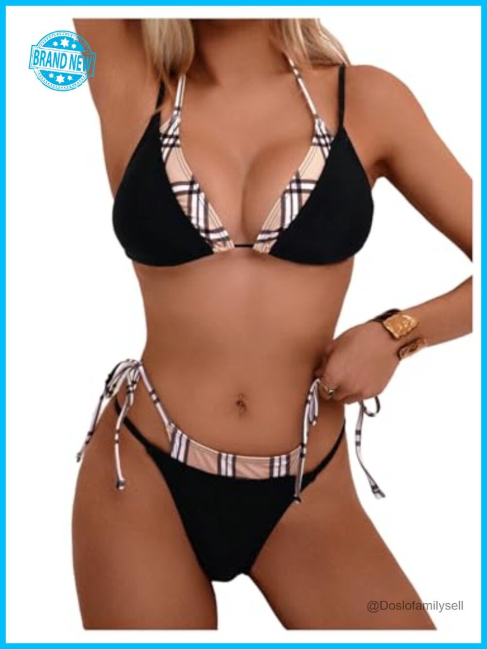 MakeMeChic Women's Double Layer Plaid Bikini Set String 2 Piece Swimsuit